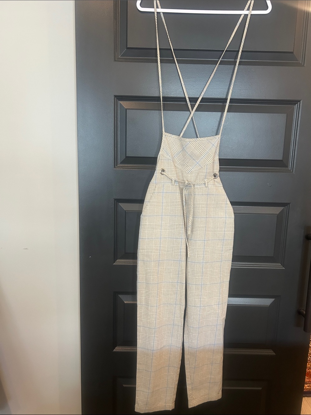 Wild Honey Beige Plaid High-Waist Crisscross-Strap Jumpsuit